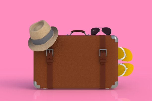 一个带着草帽和太阳镜的旅行箱，粉色背景，3D渲染图片下载