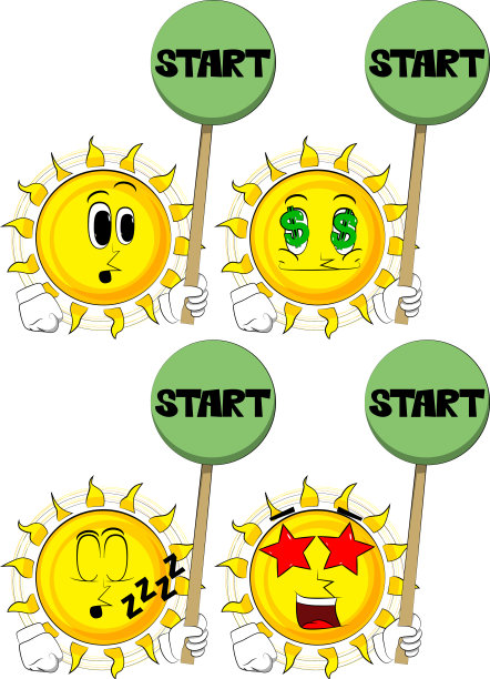 卡通太阳持有开始标志。图片下载