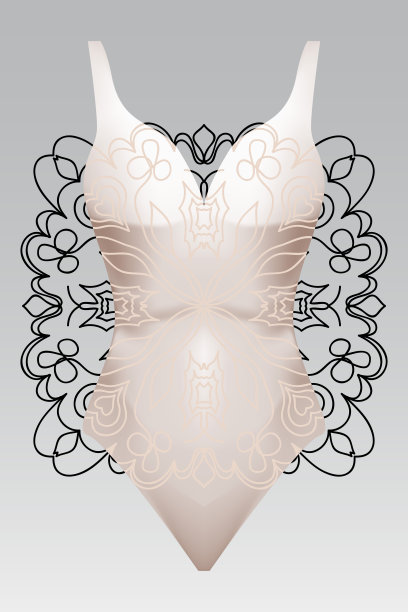 夏日游泳衣配以现代设计的米色曼陀罗点缀。时尚矢量插图。夏季设计布料。曼荼罗黑色背景层图片下载