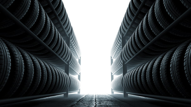 3D插图，汽车轮胎架在车间背景，背光图片下载