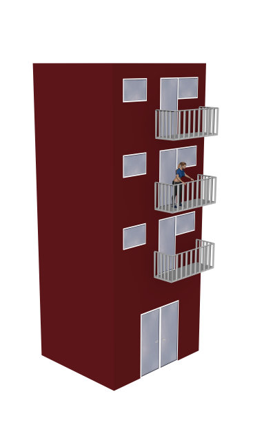普通的红色高楼，带一个女人站在阳台上，孤独的白色。图片下载