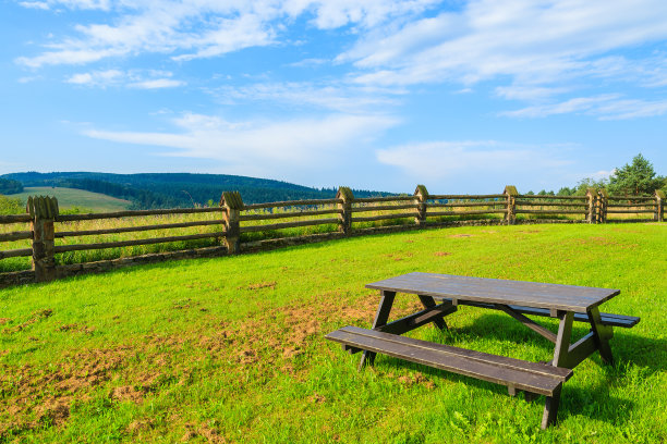 波兰Bieszczady山附近Arlamow村绿色田野上的木制野餐桌素材图片