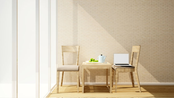 客厅或工作场所的砖墙和阳台在阳光明媚的日子艺术品-室内设计公寓或其他房间出租- 3D渲染图片下载