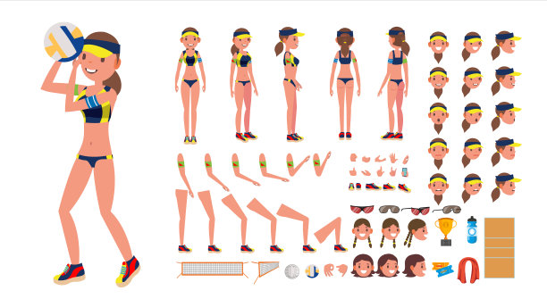 排球运动员向量。女子沙滩排球运动。动画角色创建集。采购产品全长，前，后视图，配件，姿势，面部情绪，手势。独立平面卡通插图素材图片