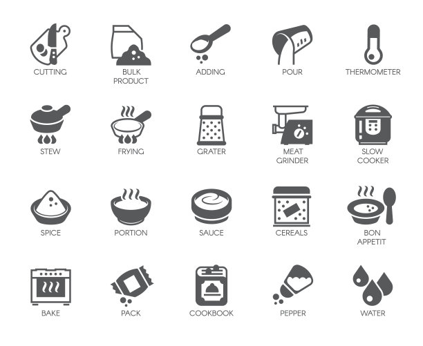 烹饪主题上的一组图标孤立在白色背景上。烹饪项目的平面标签。矢量图图片下载