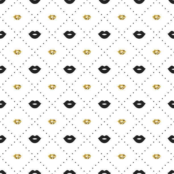 无缝图案与黑色和金色嘴唇亲吻形状。情人节。口红吻。矢量插图。背景。图片下载
