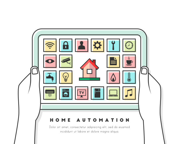 家庭自动化概念与平板电脑和用户界面。彩色线条艺术中的相关应用程序和图标。图片下载