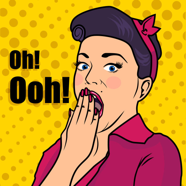 身着红色裙子，头戴红色头巾的惊讶女人，她的发型具有波普艺术的风格。素材图片