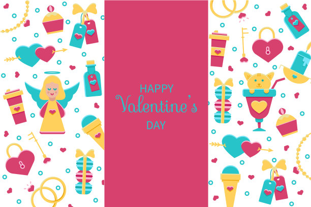 情人节的横幅，背景，海报，邀请和贺卡，销售传单的概念与平面卡通爱情和浪漫的图标-天使，销售标签，冰淇淋，咖啡，戒指，项链，甜点。图片下载