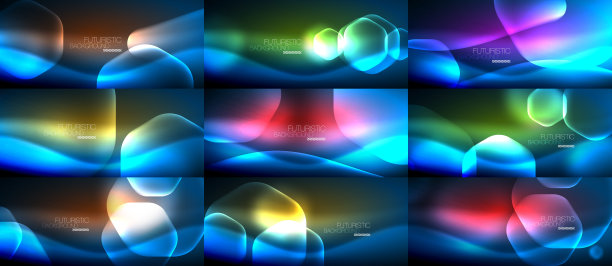 一组抽象的背景-几何霓虹发光玻璃六边形设计图片下载