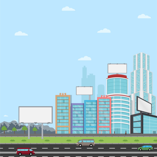 许多空白的城市广告牌为你做广告矗立在城市街道的摩天大楼。图片下载