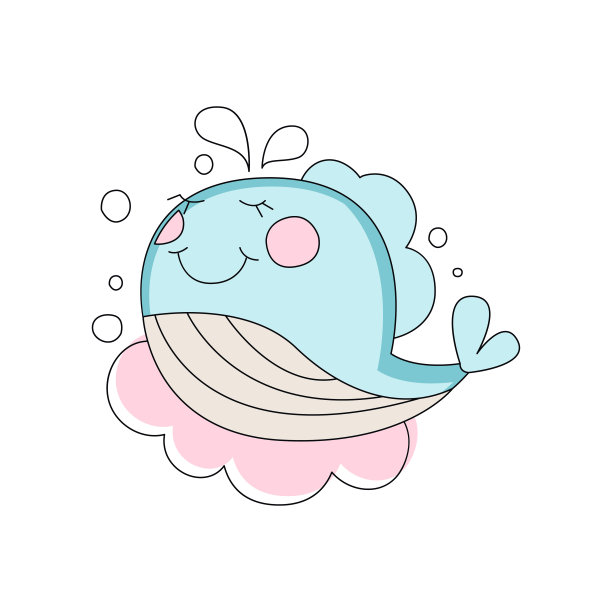 可爱的蓝鲸宝宝。背景是粉红色的云。海洋生物。儿童手绘风格。独立的平面线性设计，用于贺卡，贴纸或印刷图片下载
