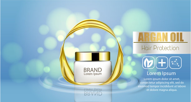 一个逼真的模板装饰包。液体油3d飞溅。飞溅摩洛哥坚果油、护发化妆品产品包装设计。图片下载
