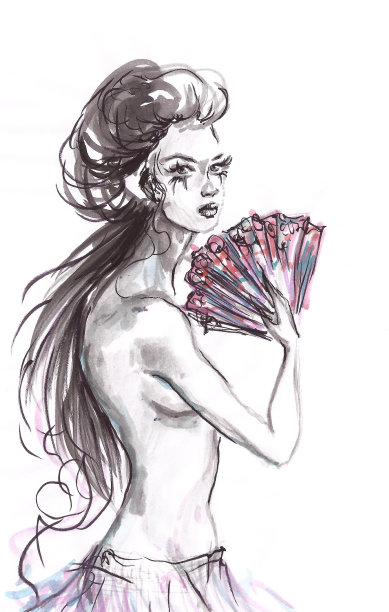 水彩美女手执扇子以五彩缤纷的花边图案，时尚插画图片下载