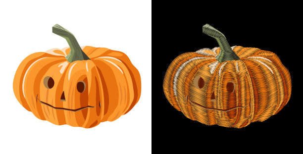 万圣节橘色南瓜真实感和刺绣(仿缎面缝线风格)，在黑白背景上，数字绘制，装饰插图设计，矢量图片下载