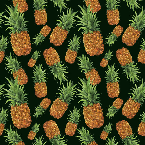深绿色背景上手绘热带水果叶子的水彩菠萝图案，食品植物插图设计素材图片下载