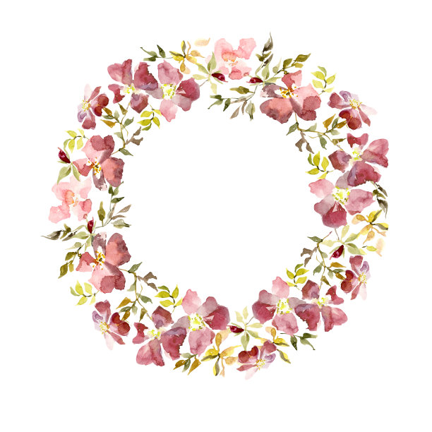 这个花环是用柔和的红色花朵和绿色和黄色的叶子做成的。白底上的荆棘枝。圆的形状。水彩画。图片下载