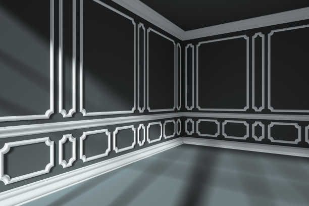 空旷的黑色房间一角，墙壁上装饰着白色经典风格图片下载