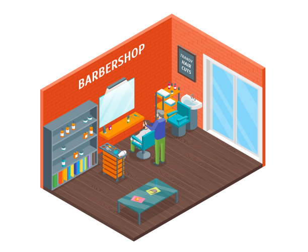 理发室室内家具等距视图。向量图片下载