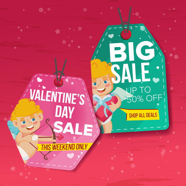 情人节主题销售标签向量。平纸挂爱情贴纸。丘比特。2月14日折扣悬挂横幅，为假日折扣促销。冬天的插图图片下载