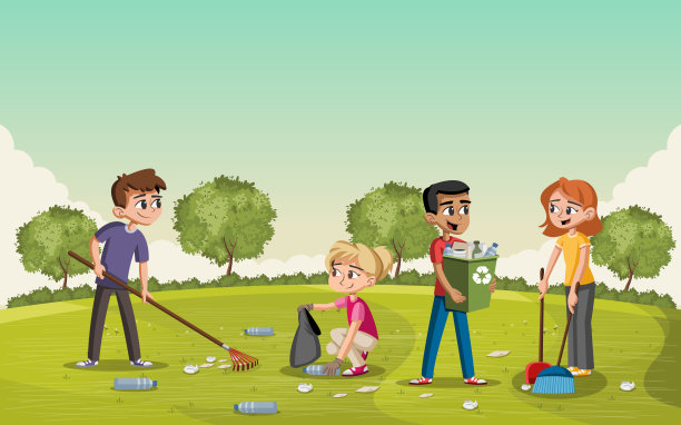 五颜六色的绿色公园和青少年清理垃圾。人回收。图片下载