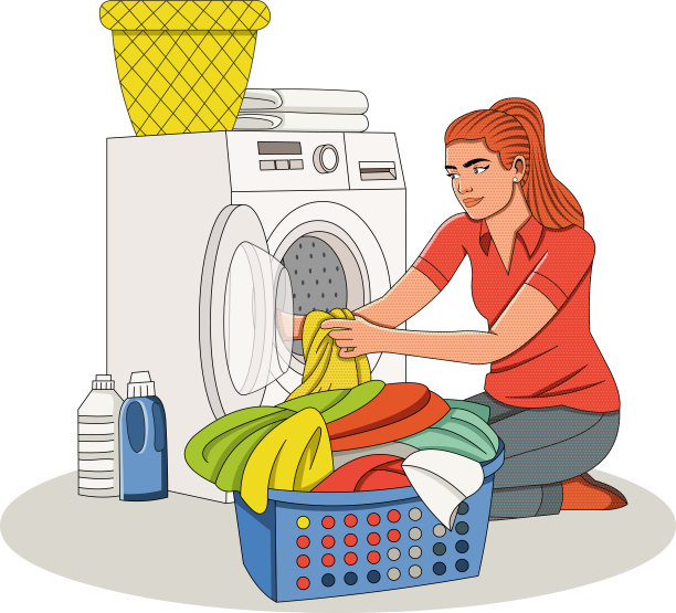 漂亮的年轻女人在家里洗衣服。把衣服放进洗衣机里的女人。图片下载