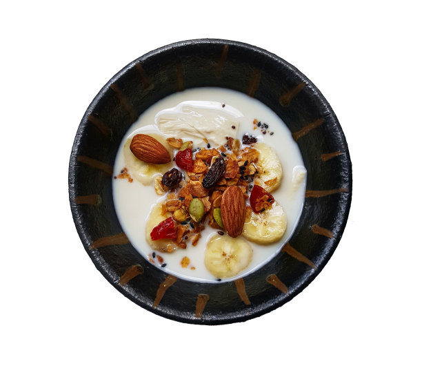 烤燕麦片和浆果与豆浆、香蕉，健康食品概念图片下载