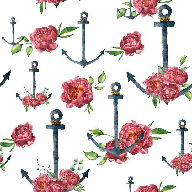 水彩模式与复古锚和牡丹花。手绘航海插图与花卉装饰孤立在白色背景。为设计，打印或背景图片下载