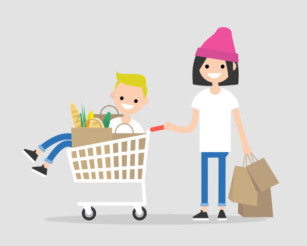 一对年轻人在超市里玩。乘马车。杂货购物。日常生活。平面可编辑矢量插图，剪辑艺术图片下载