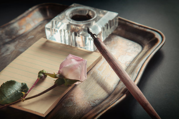 玫瑰，墨水，钢笔，空白卡片托盘上的背景黑板。黑暗的照片。图片下载