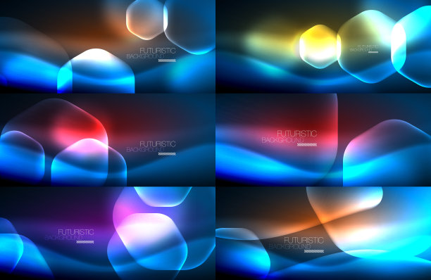 一组抽象的背景-几何霓虹发光玻璃六边形设计图片下载