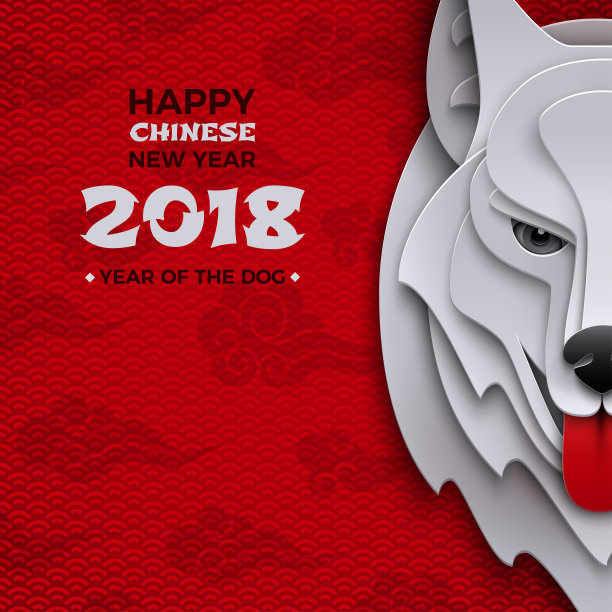 中国新年贺卡，生肖狗年图案背景，祥云图案，中式边框设计，banner，海报，剪纸风格矢量图素材图片