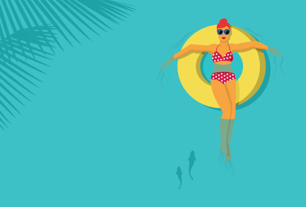 美丽的女人放松在一个橡胶圈在海上的插图，向量素材图片