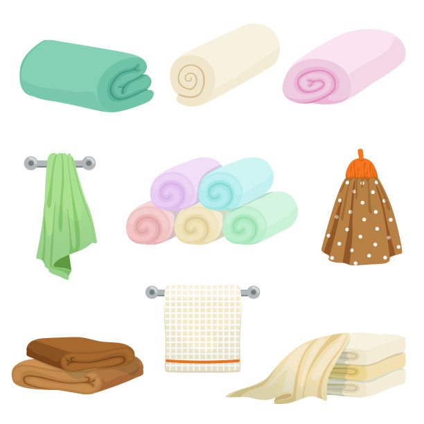 厨房和浴室用不同颜色的毛巾。矢量图片卡通风格图片下载