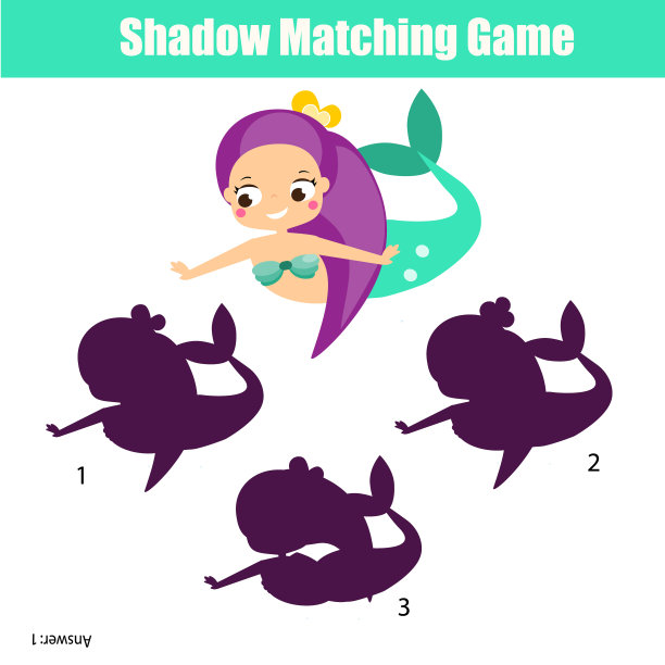 影子配对游戏。孩子们和可爱的美人鱼一起活动图片下载