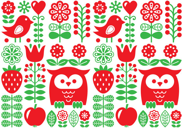 芬兰灵感无缝矢量民间艺术图案-斯堪的纳维亚设计，北欧壁纸与花和鸟图片下载