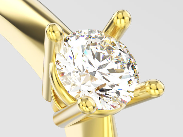 3D插图近距离黄金传统单人订婚钻石戒指图片下载