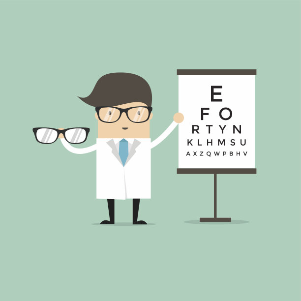 白种人眼科医生给眼镜。眼科医生拿着眼镜在视力表的背景上。图片下载