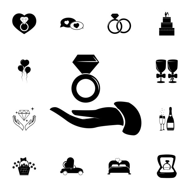 婚姻的象征。一套婚礼元素图标。照片相机质量平面设计收集图标网站，网页设计，移动应用程序图片下载