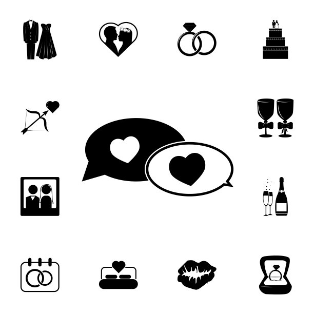 情侣对话图标。一套婚礼元素图标。照片相机质量平面设计收集图标网站，网页设计，移动应用程序图片下载