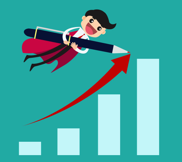 商人飞过条形图，绘制成长条形图。成功商业概念矢量插图。图片下载