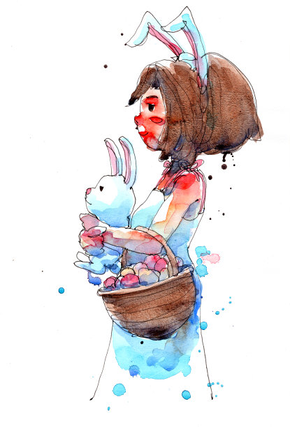 水彩水墨画《女孩与篮子》素材图片