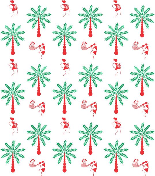 印第安部落中人们跳舞和树木的绘画。瓦里彩绘纺织无缝图案礼品纸图片下载