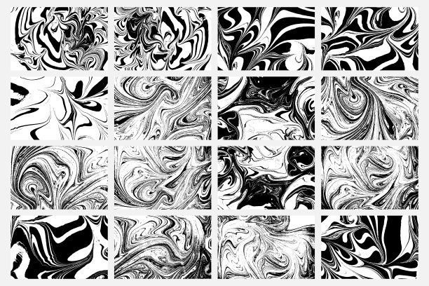 一组抽象背景。墨水大理石花纹纹理。黑色和白色。手绘大理石插图，ebru水纸和丝绸印花。传统的土耳其ebru技术。绘画在水面上。图片下载