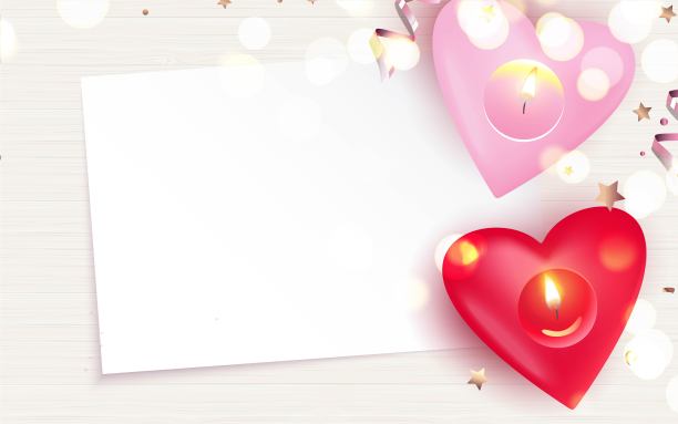 白色木质背景上点缀着粉色蜡烛和五彩纸屑。图片下载