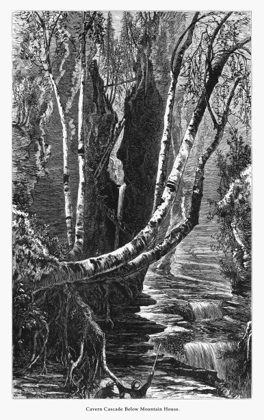 美国纽约沃特金斯峡谷山屋下的洞穴瀑布，美国维多利亚版画，1872年图片下载