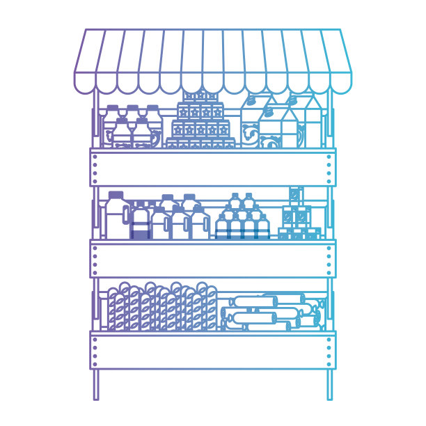 超市货架上的遮阳伞和食品饮料在降解紫色到蓝色轮廓素材图片
