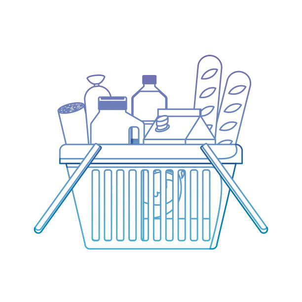 购物篮与食品、香肠、面包和饮料、果汁、水瓶和牛奶盒在降解紫色到蓝色轮廓图片下载