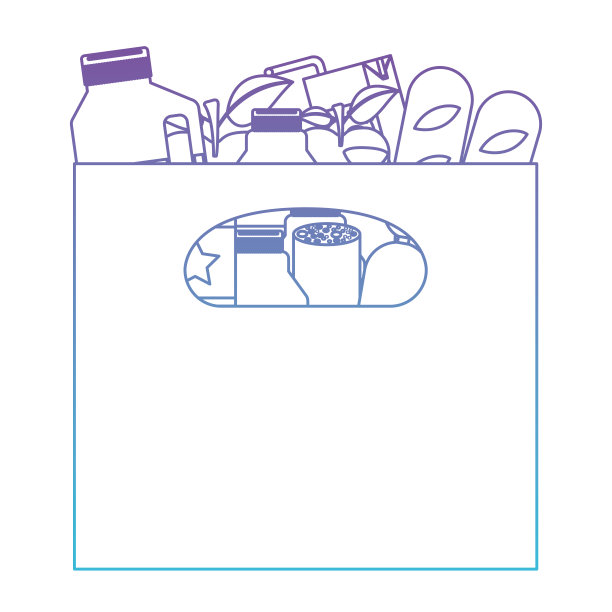 带提手的大纸袋、食品、香肠、面包、苹果、饮料、橙汁、水瓶和乳汁等，颜色由紫色退化到蓝色图片下载