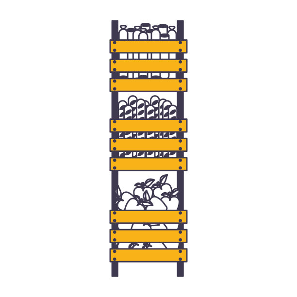 超市三层的木制货架上有彩色的香肠、面包和苹果图片下载